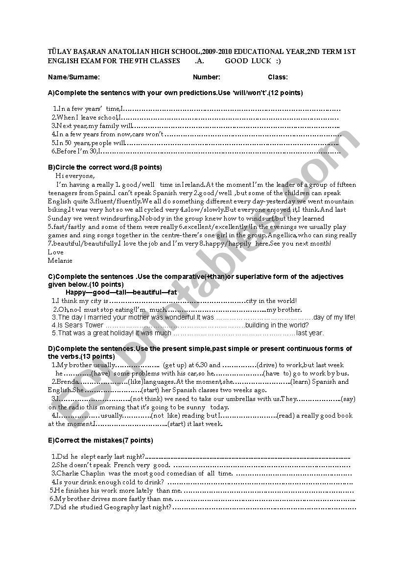 exam paper for elementary students