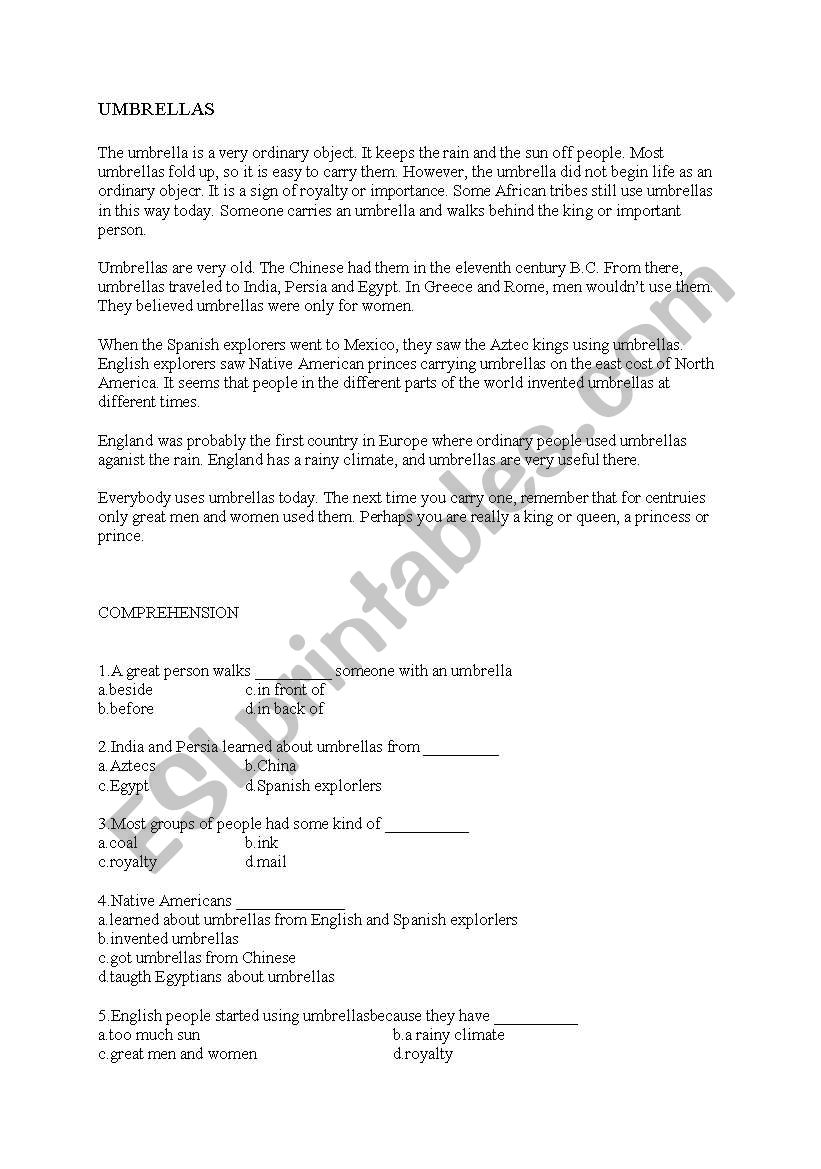 history of umbrellas worksheet
