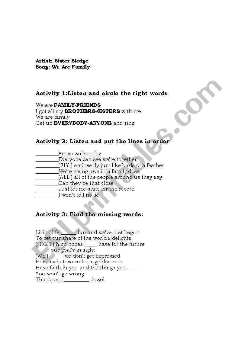 Sister Ledge- We are family worksheet