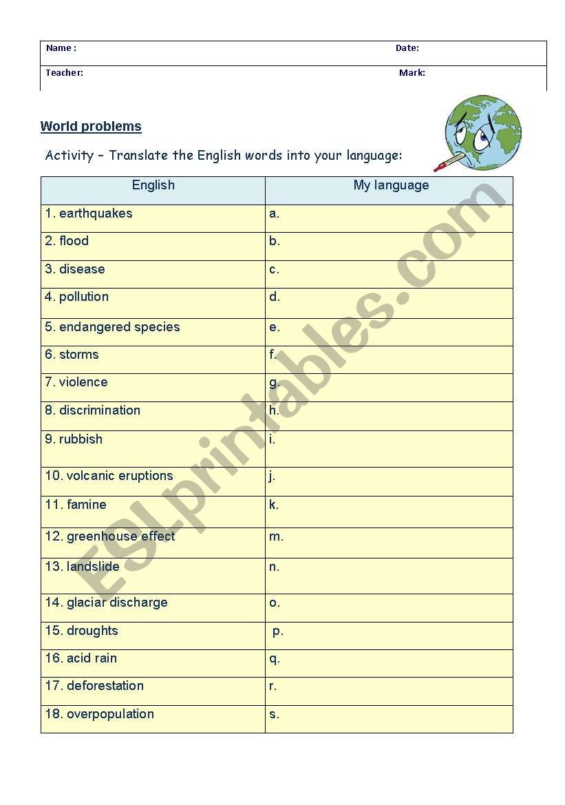 World Problems worksheet