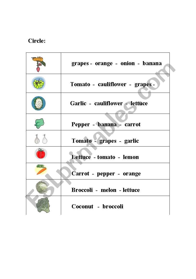 Fruits and vegetables worksheet