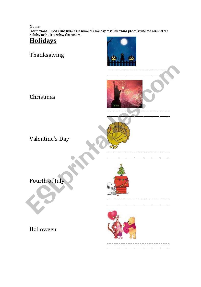 Holidays Matching worksheet