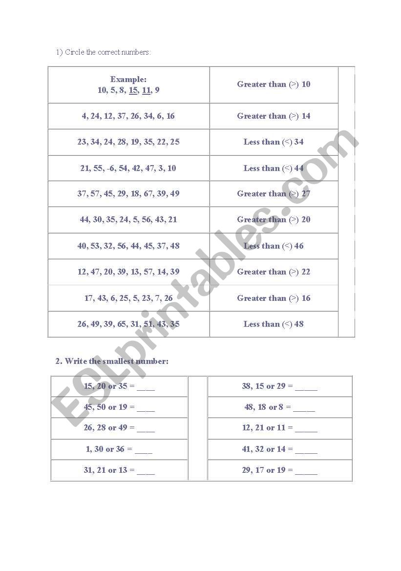 Numbers Exercise worksheet