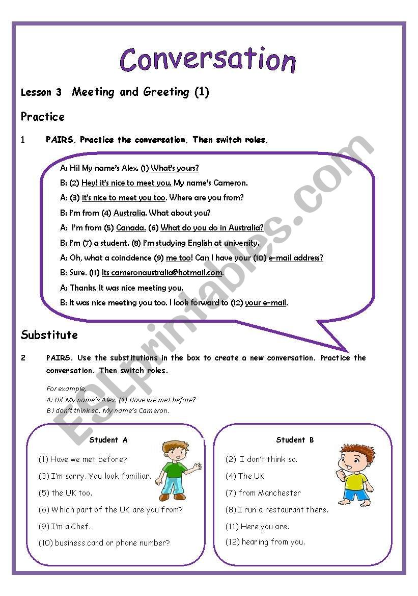 Conversation: Lesson 3 - Meeting and Greeting (3 PAGES) includes Teachers guide