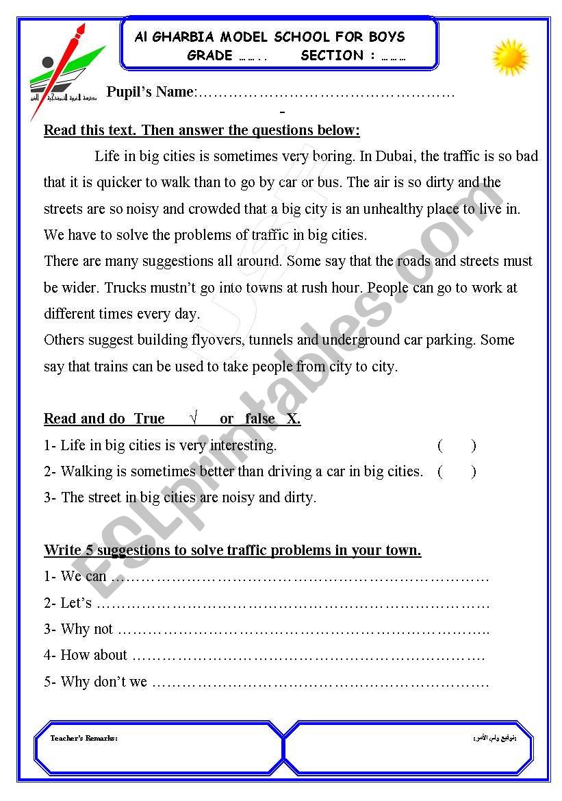 Reading comprehension test and more. UAE standards. (Life in big cities, traffic jam and pollution)