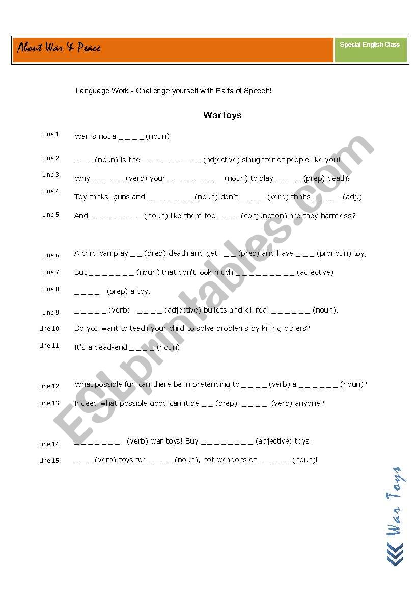 War Toys  worksheet