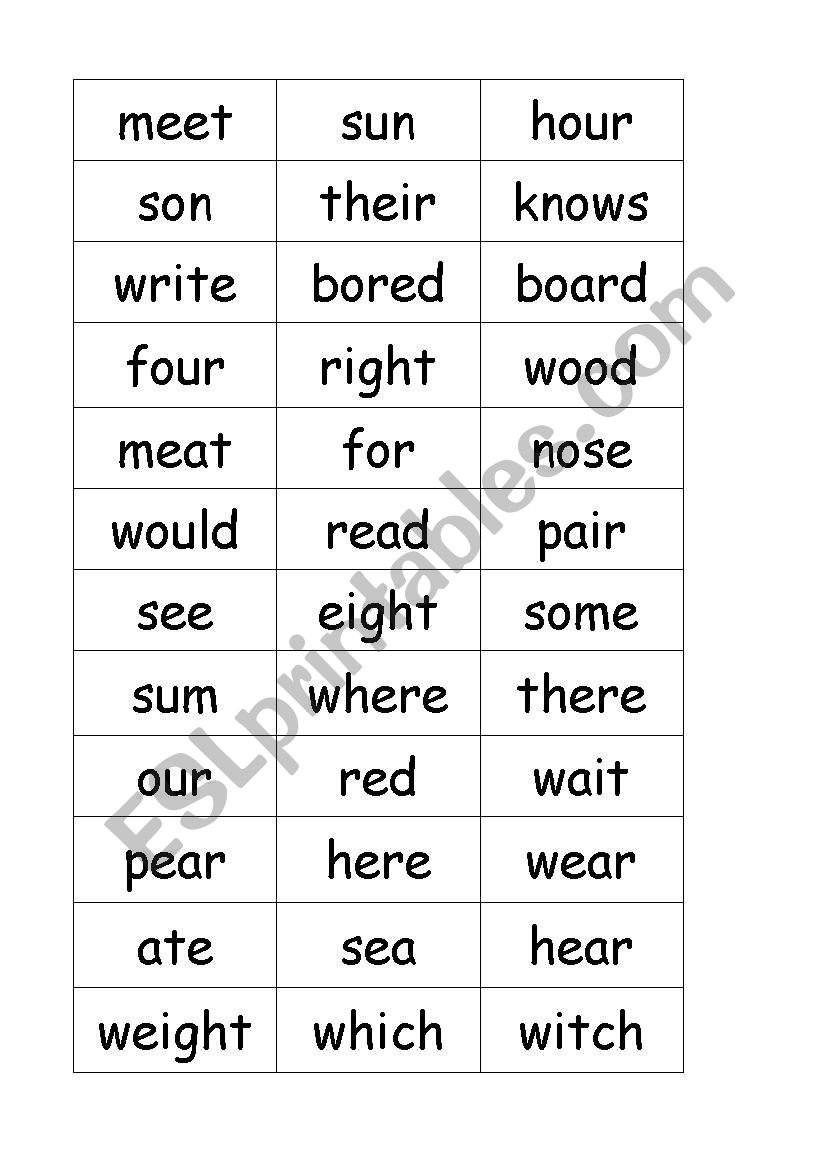 Homophones worksheet