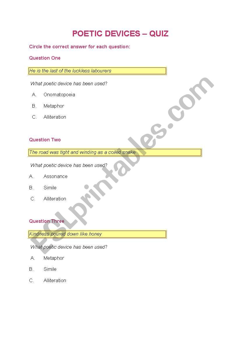 Poetic Devices Quiz Junior Highschool (Yr 7)