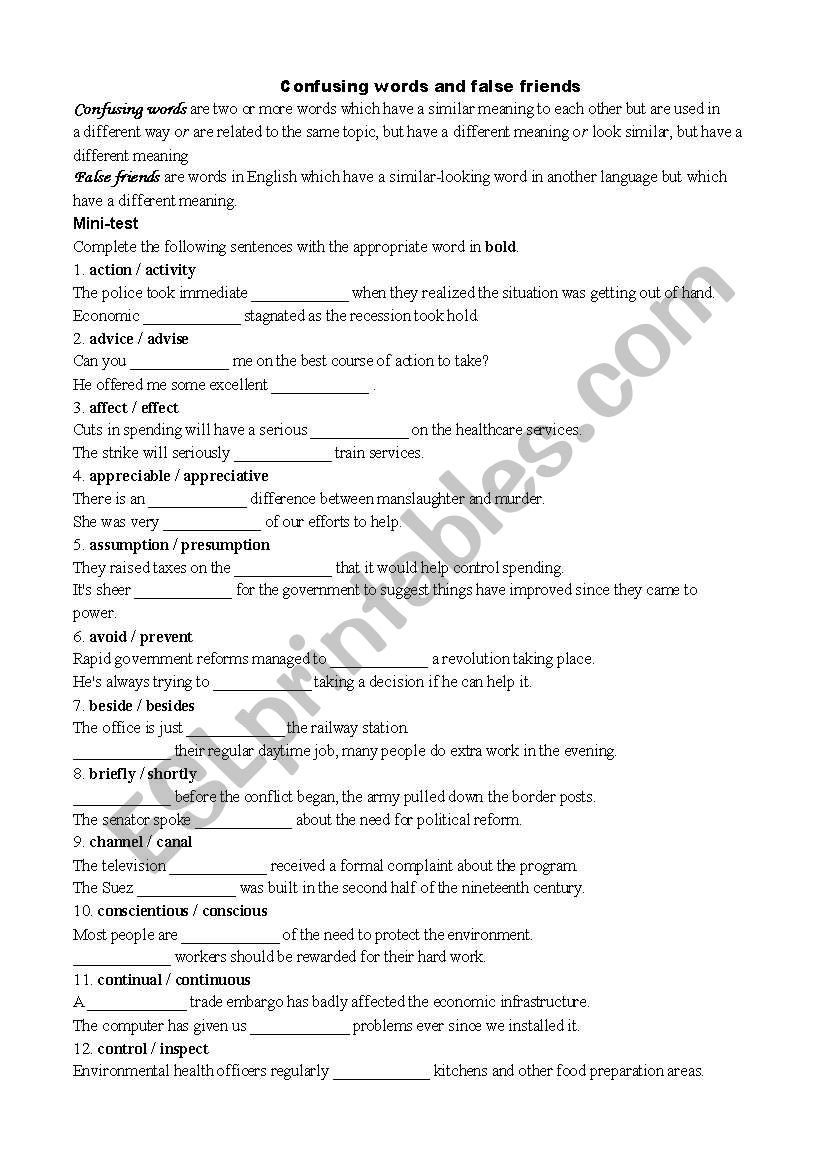 Confusing words worksheet