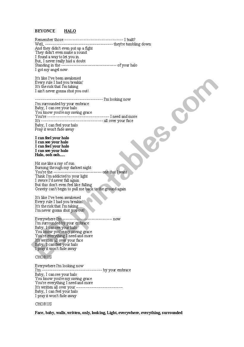 BEYONCE Halo worksheet