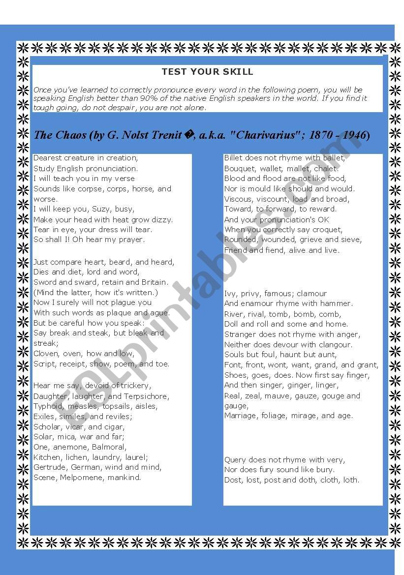 Pronunciation Practice Poem worksheet