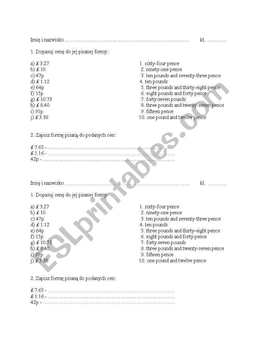 Prices worksheet