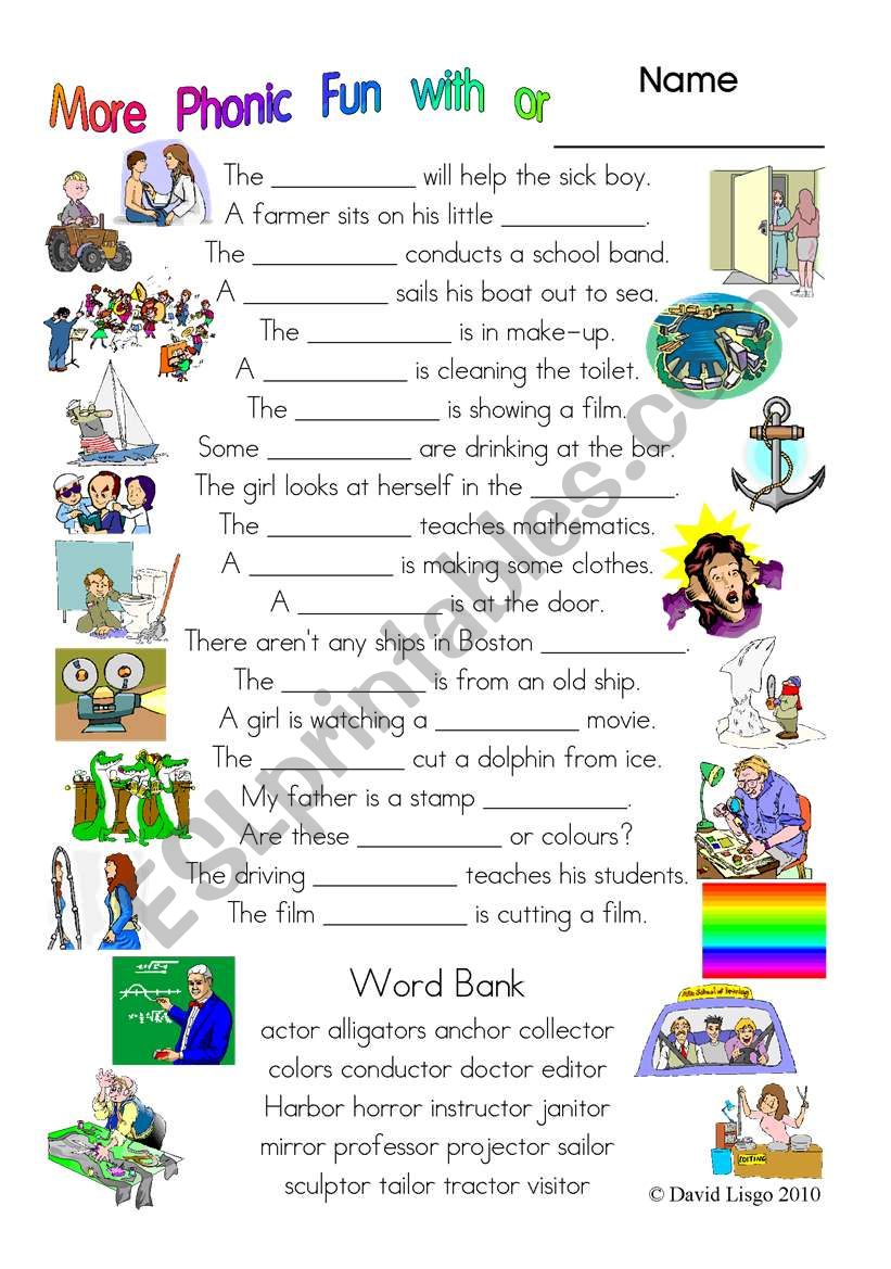 3 more pages of Phonic Fun with or: worksheet, story and key (#20)