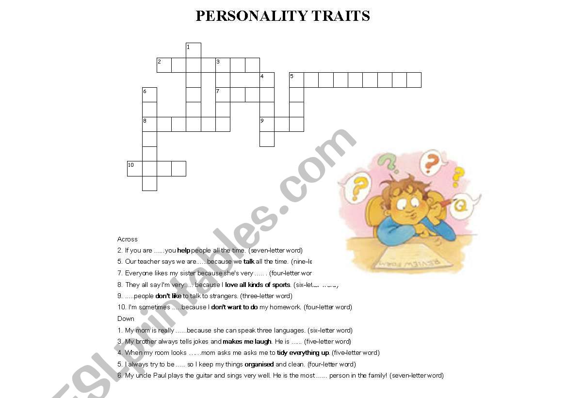 PERSONALITY TRAITS -CROSSWORD PUZZLE