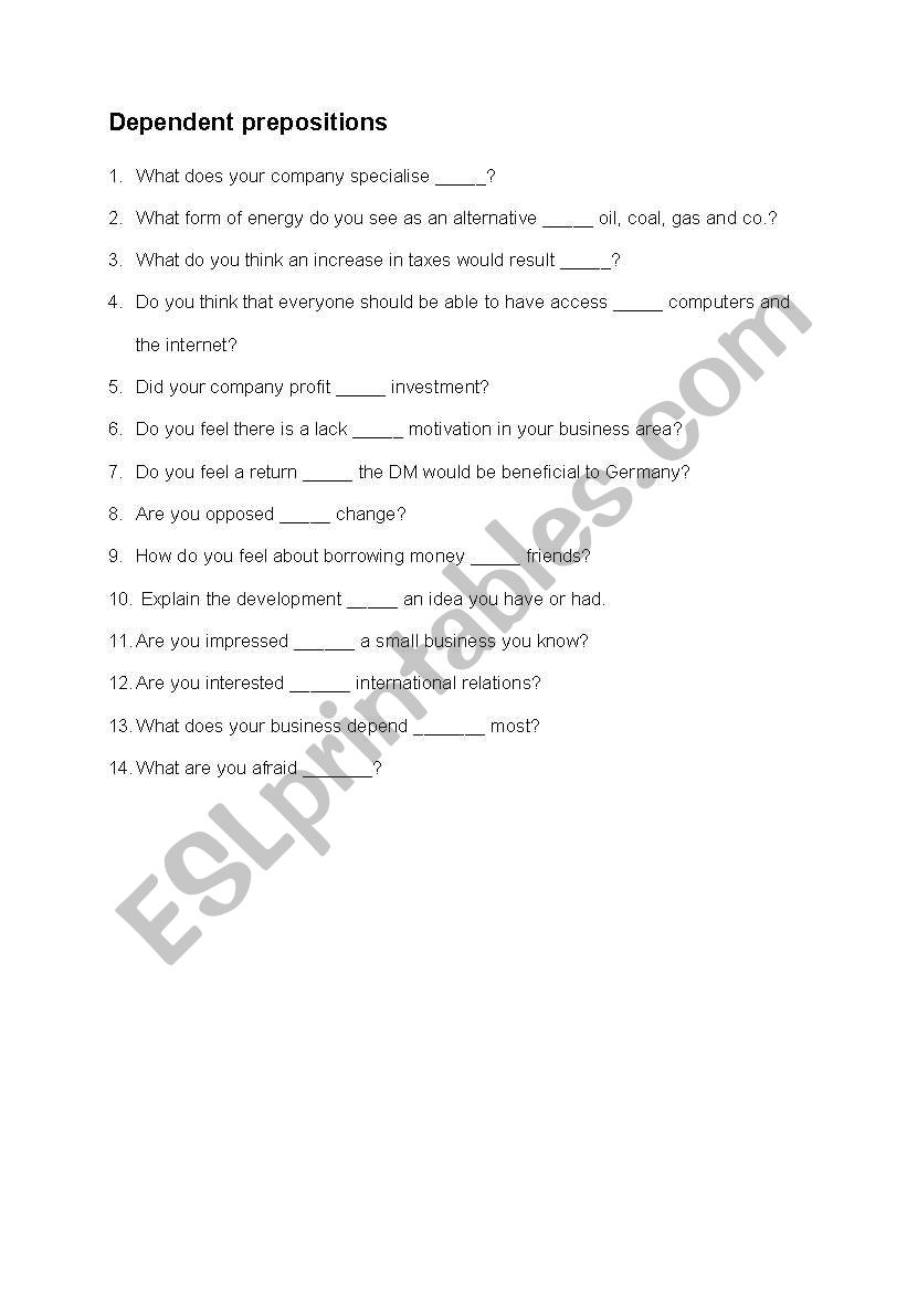 Dependent Prepositions worksheet