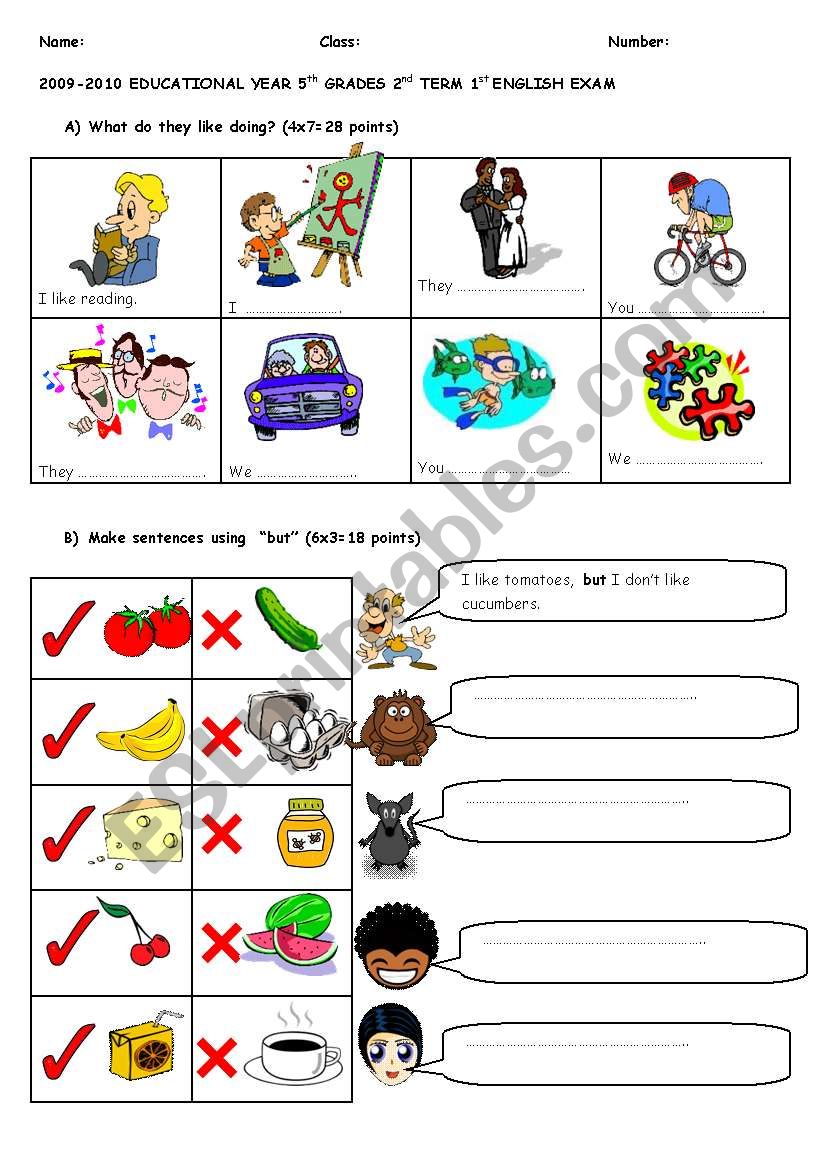 exam for 5th grades (part 1) worksheet