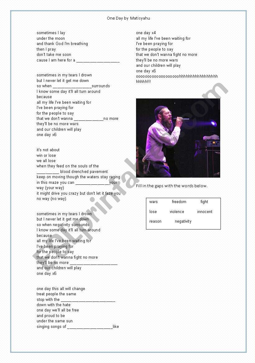 Song One day by matisyahu worksheet