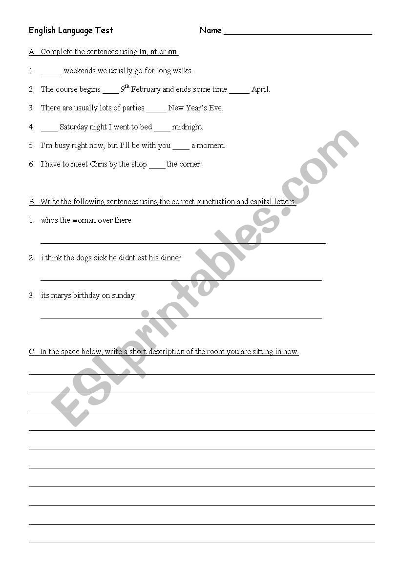 English Language test worksheet