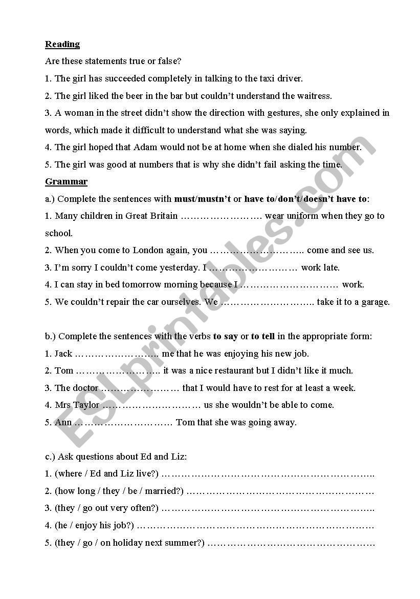 Grammar test worksheet