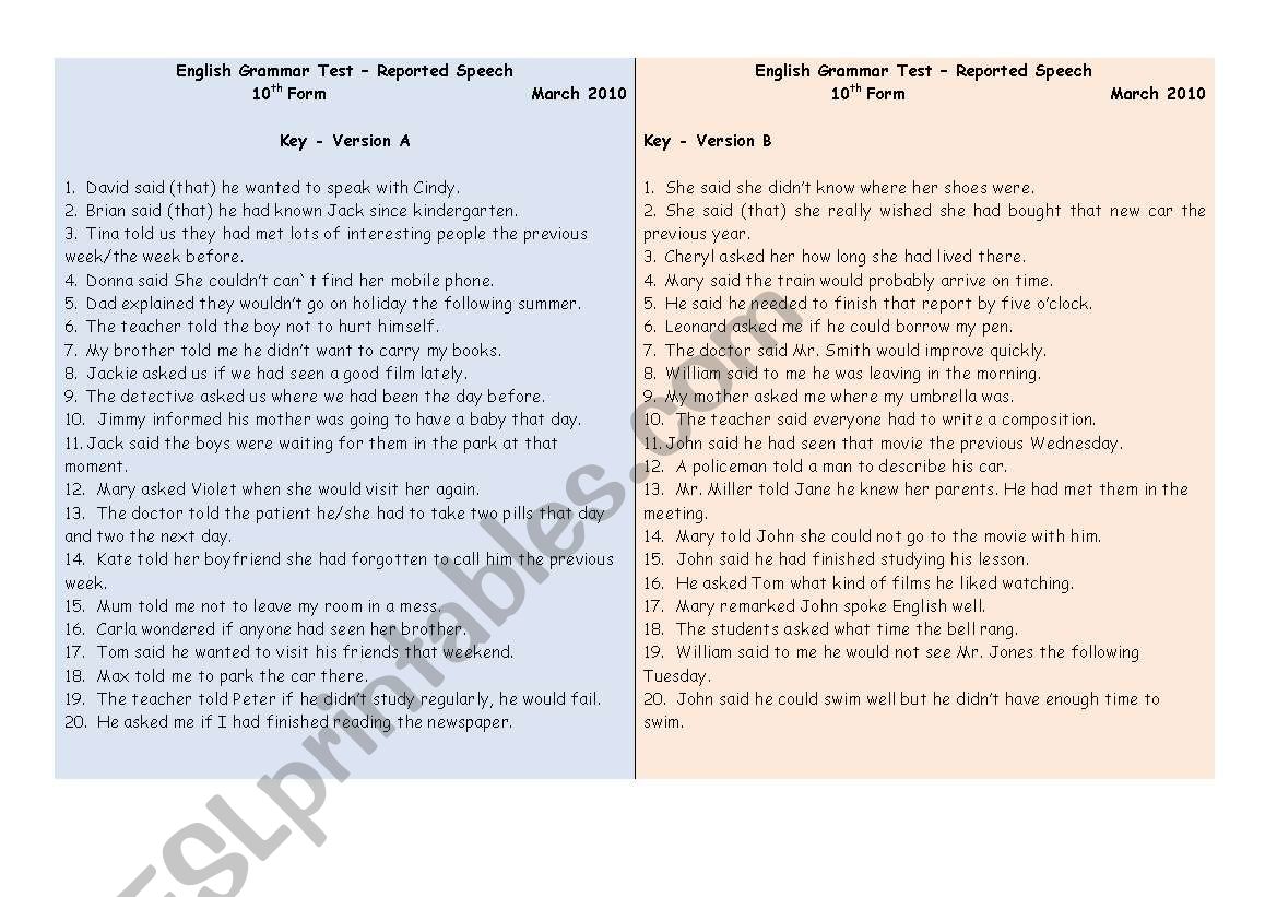 Key - test reported speech - the two versions