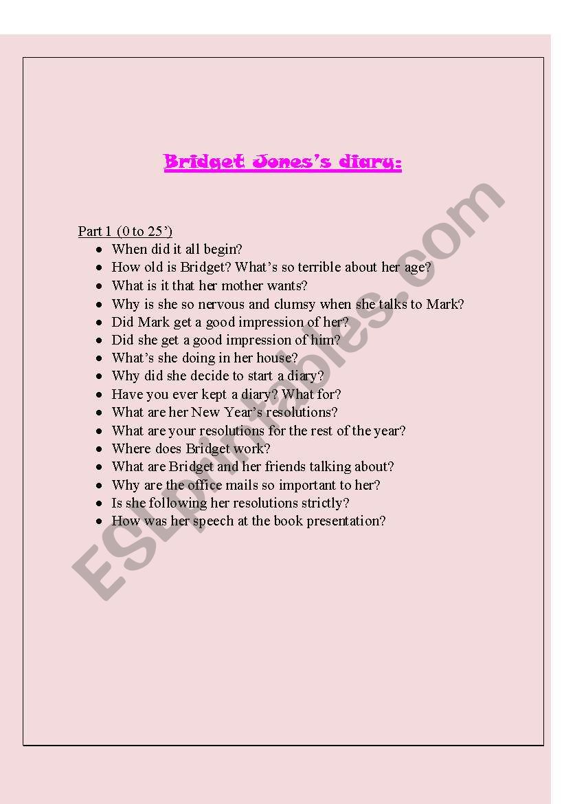 Bridget Jones 1 worksheet