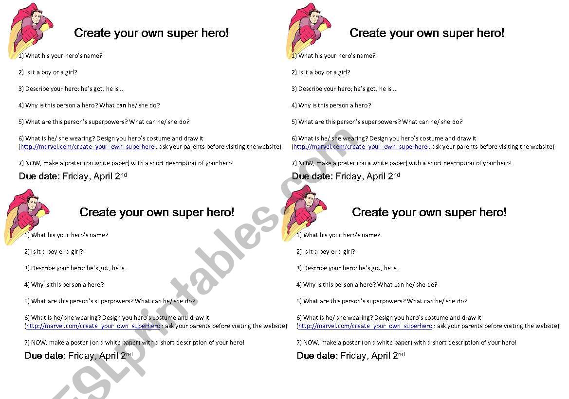 Create your own super hero worksheet