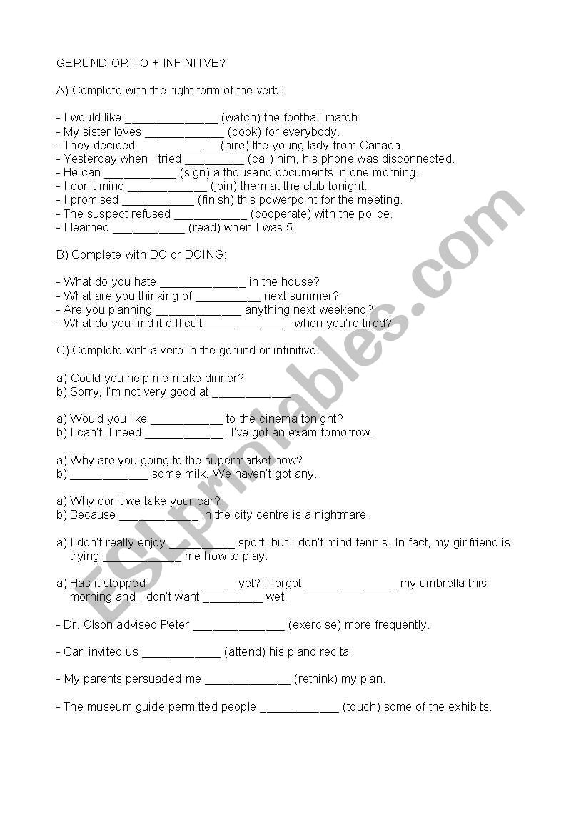 Gerund or To+Infinitive? worksheet