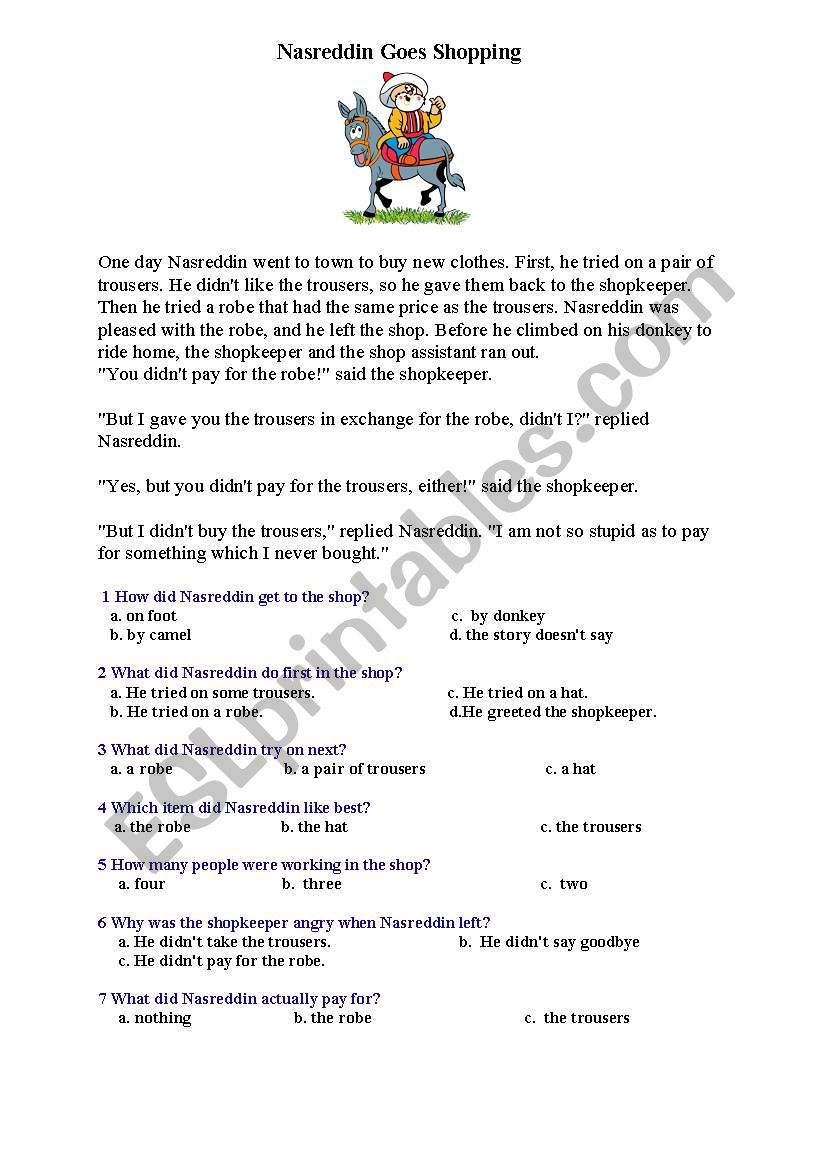 Nasrettin goes shopping :) worksheet