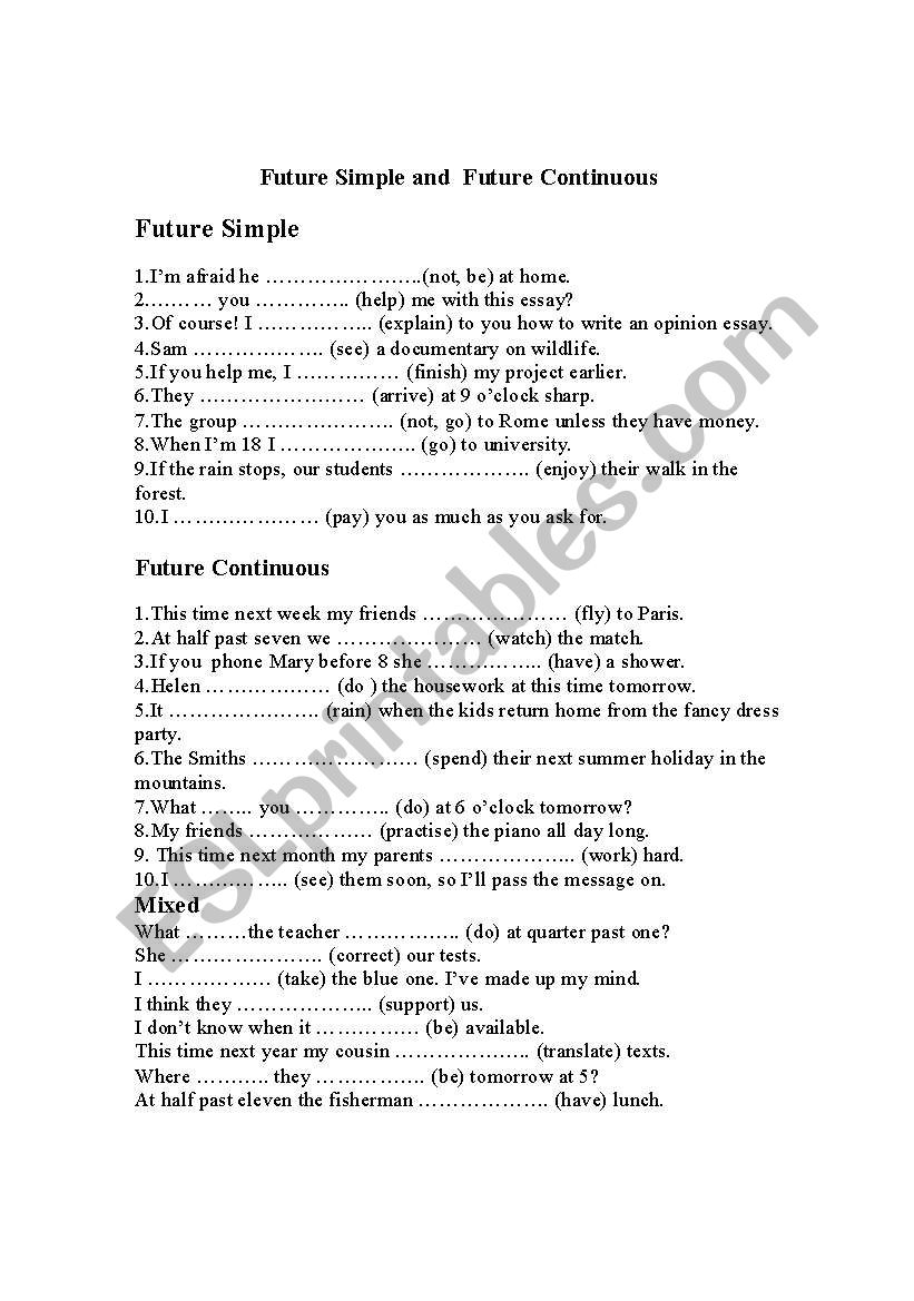 future simple and continuous worksheet