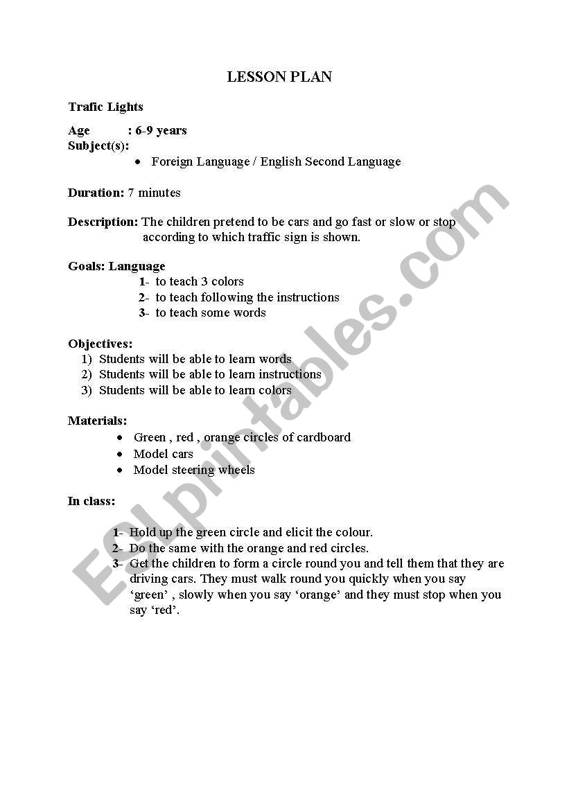lesson plan traffic lamps worksheet