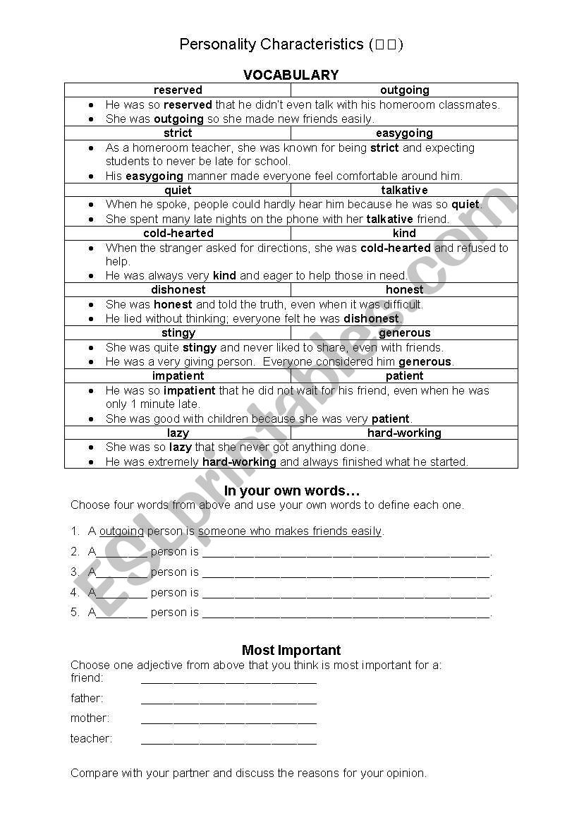 Personality Characteristics worksheet