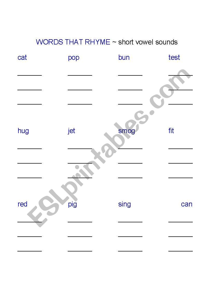 Short Vowel Rhyming Words worksheet