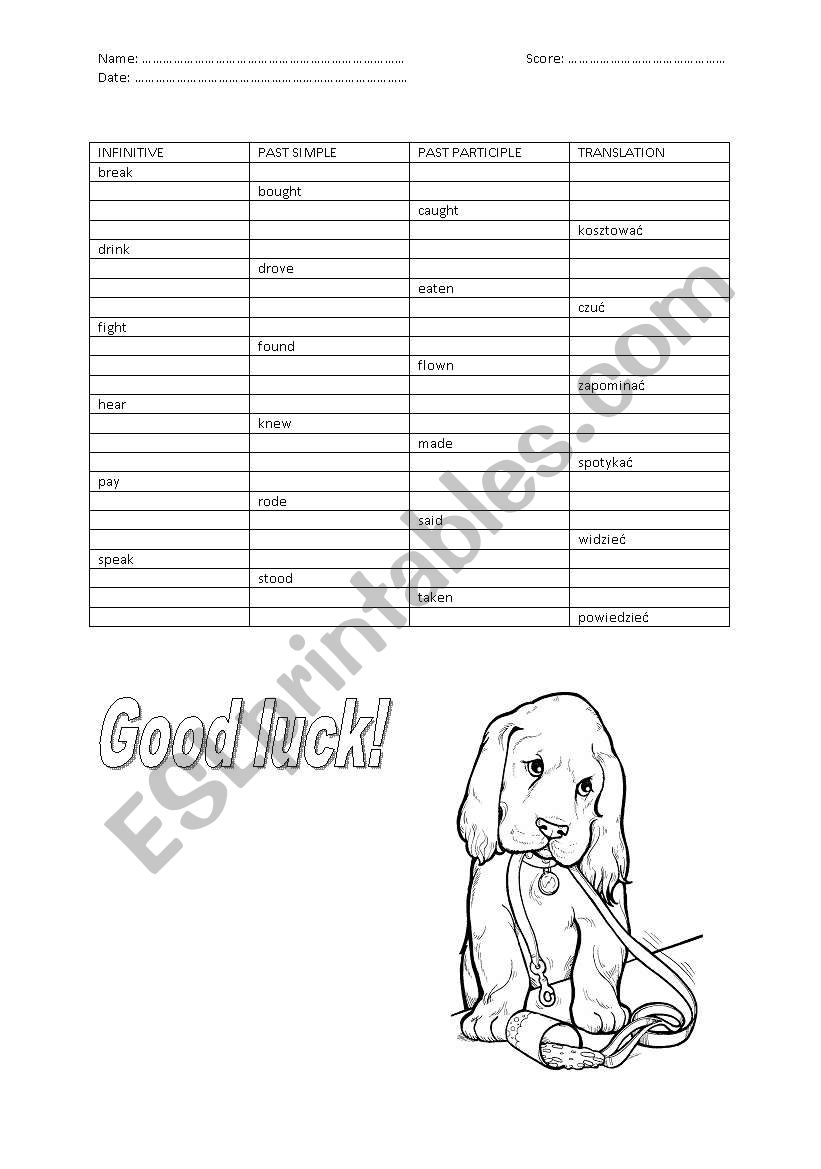 Irregular verbs test worksheet