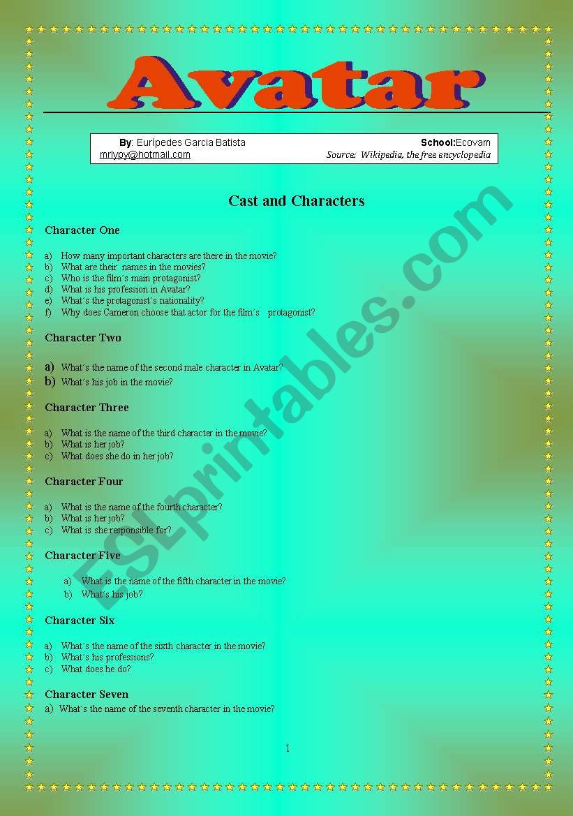 AVATAR PART I worksheet