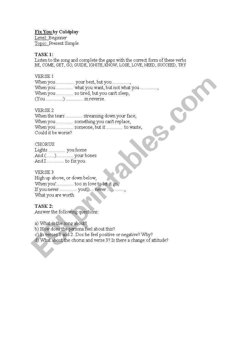 Fix you ColdPlay worksheet