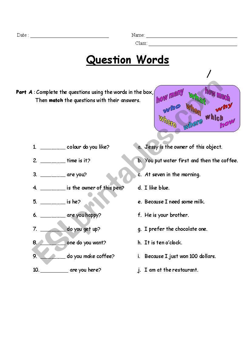 Test on Question Words worksheet