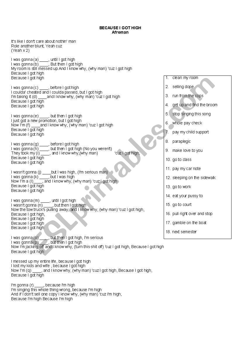 Cuz i got high worksheet