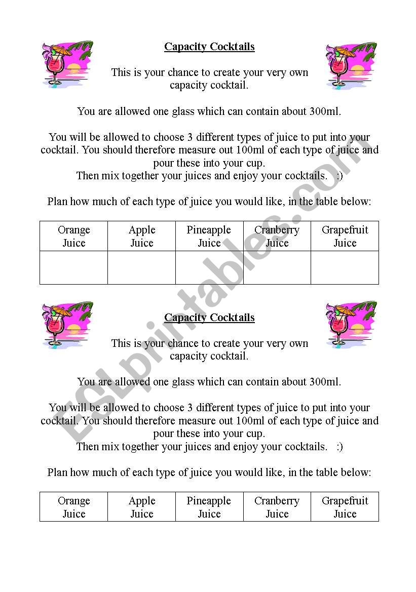 Capacity Cocktails worksheet