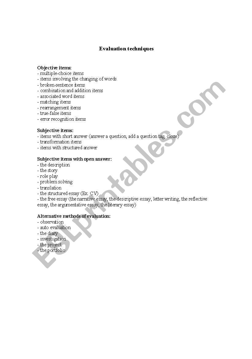 evaluation worksheet