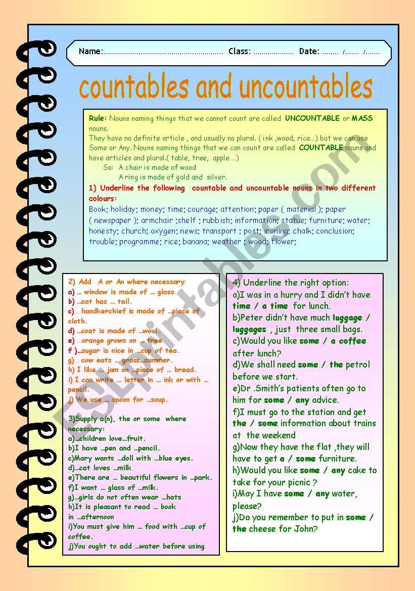 countables and uncountables worksheet