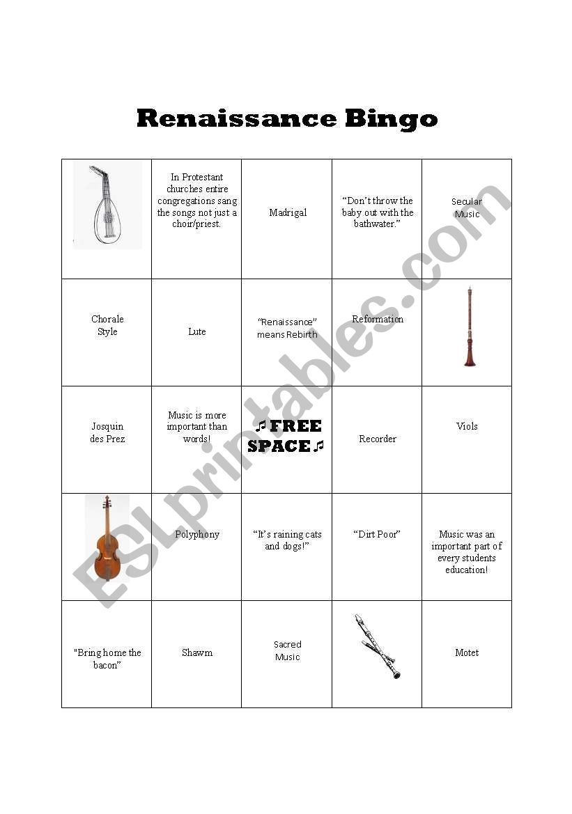 Renaissance Bingo and Review worksheet