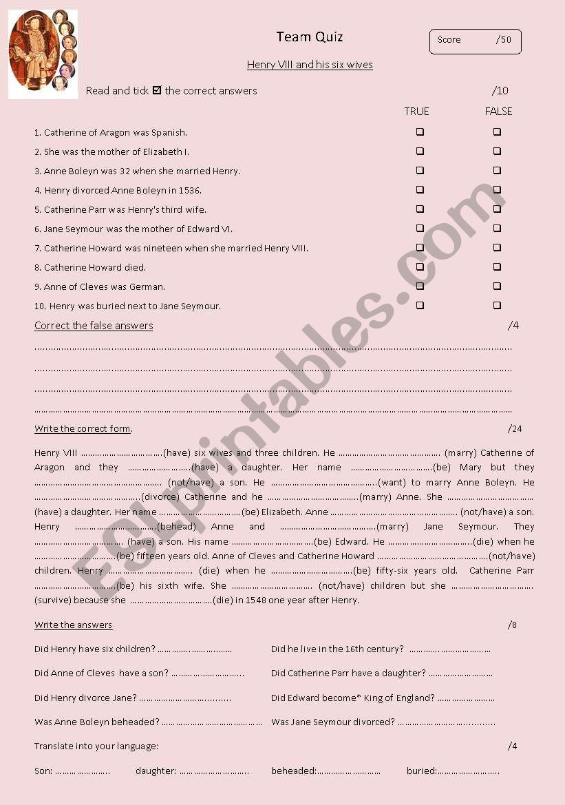 Henry VIII    TEAM QUIZ   worksheet