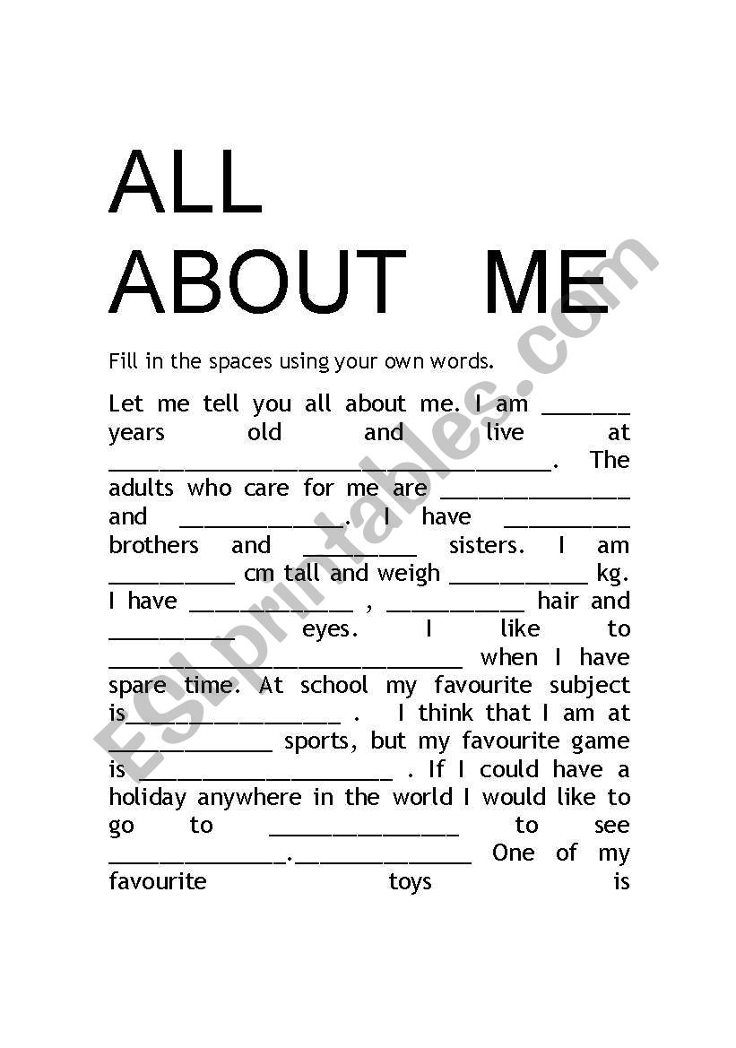 All About Me worksheet