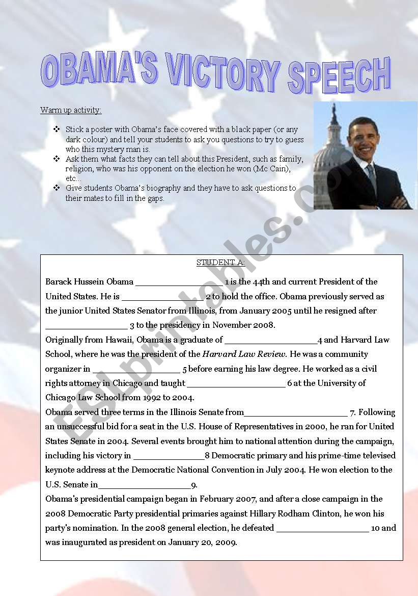 ObamaÂ´s victory speech worksheet