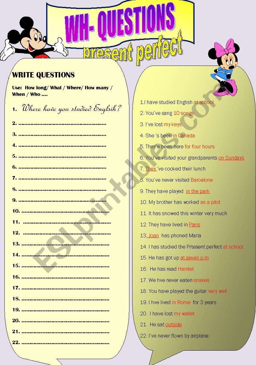 questions, present perfect worksheet