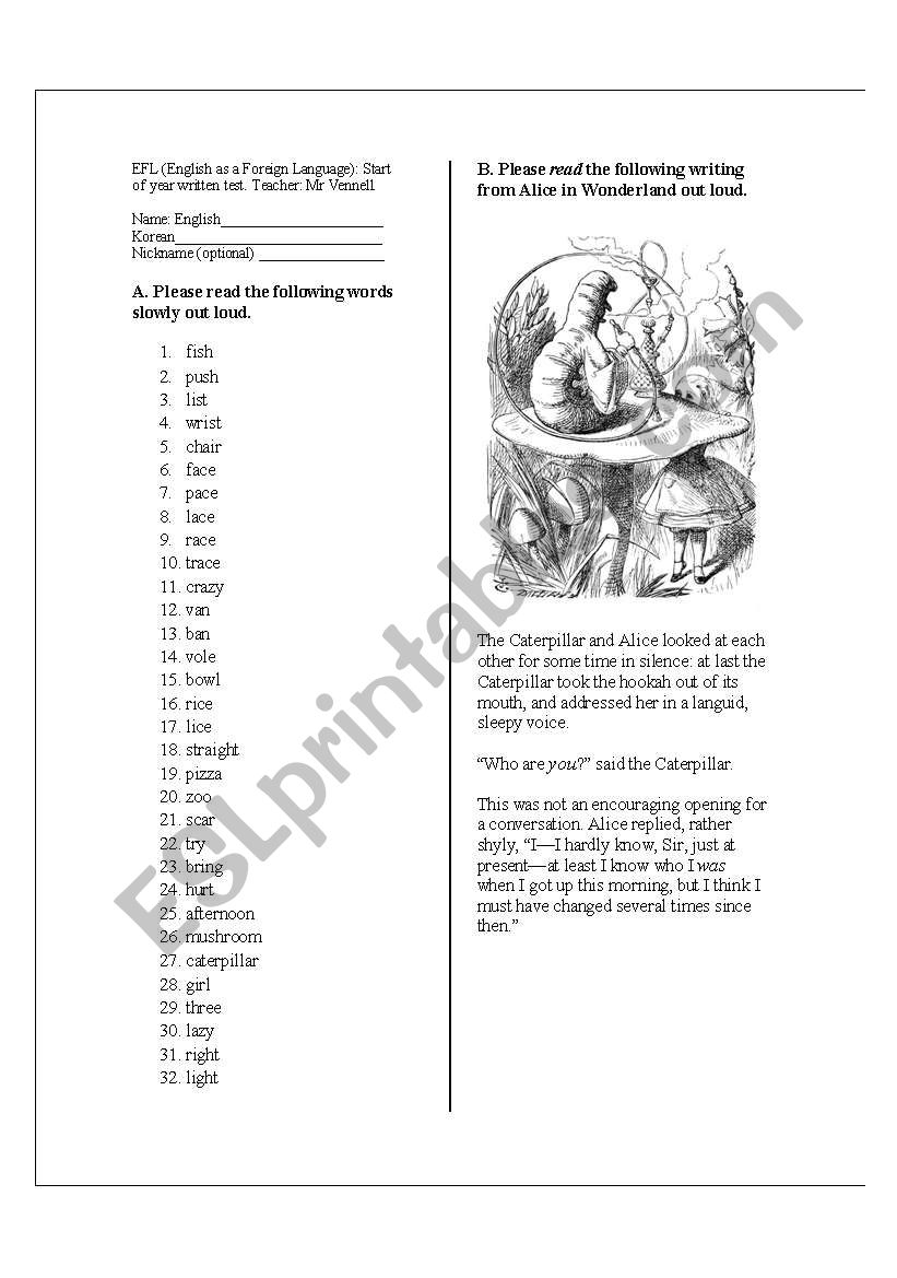 EFL Oral test - MIddle school worksheet
