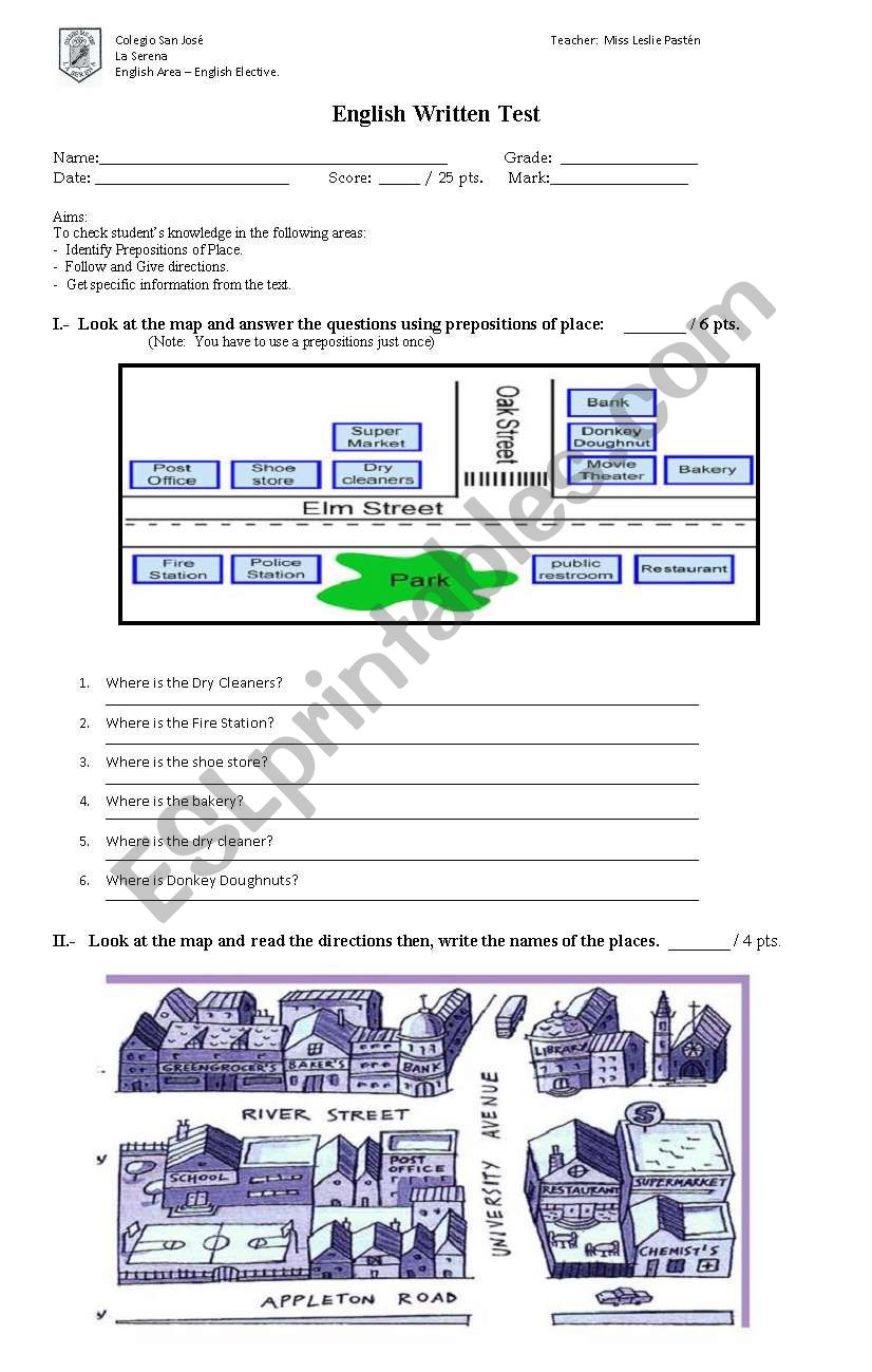 Prepositions Directions Reading Comprehension
