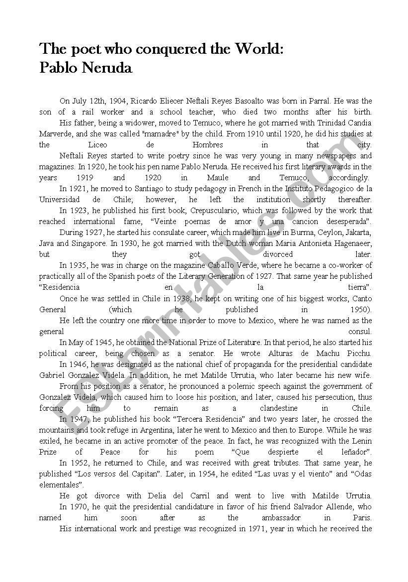 Pablo Nerudas Biography worksheet