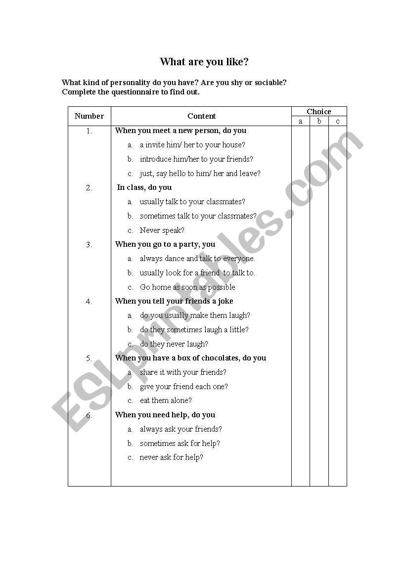 personality worksheet