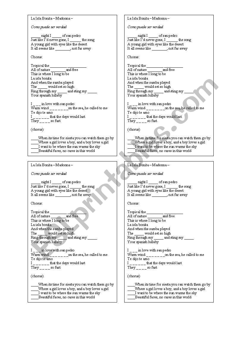 La Isla Bonita worksheet